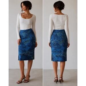 Vintage Fibers Robin Linn Blue Toile Print Midi Pencil Skirt Size 8 Side Slits